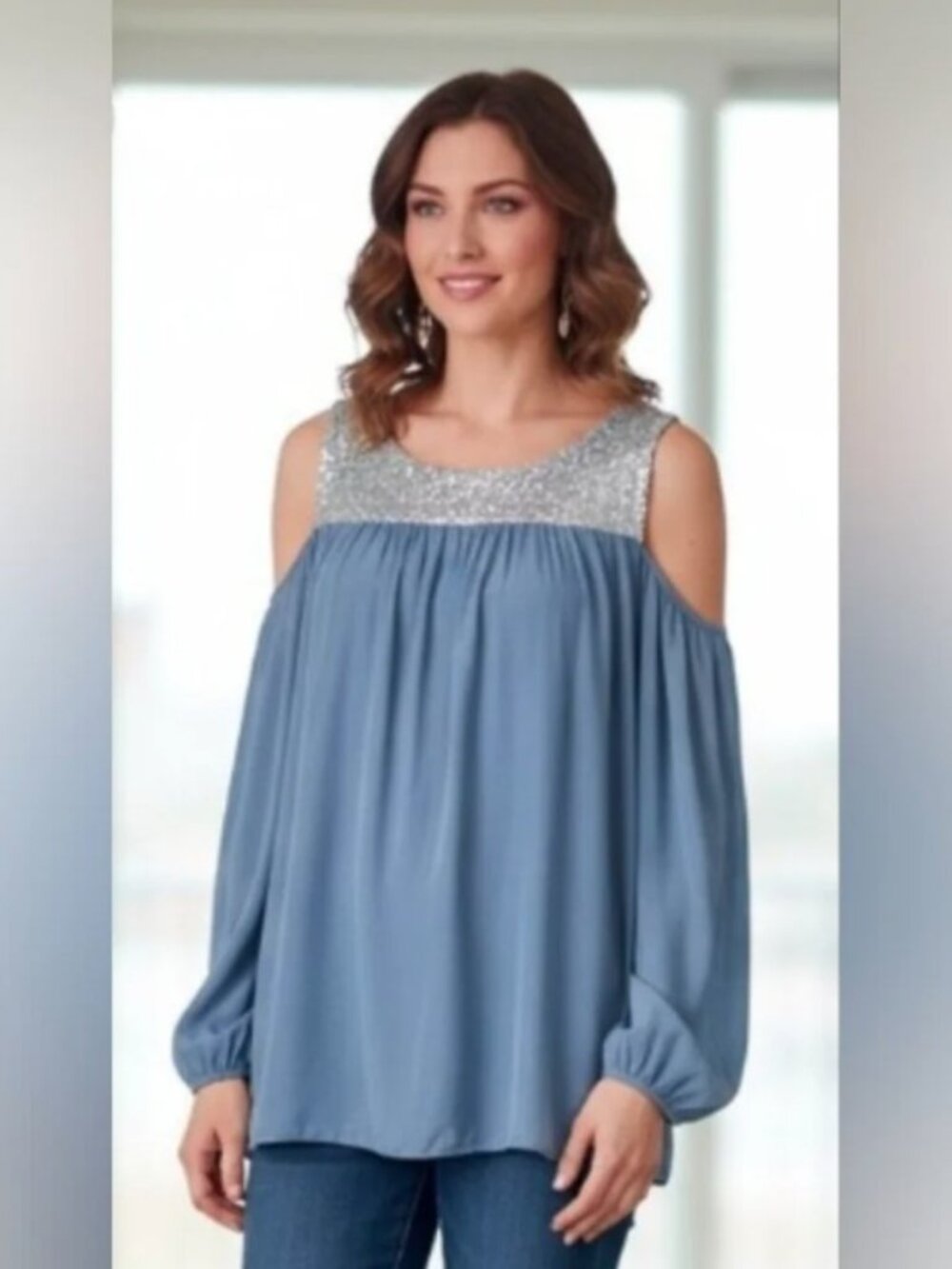 Y2K Almatrichi Blue Cold Shoulder Blouse Sequin Neckline Women’s Size S